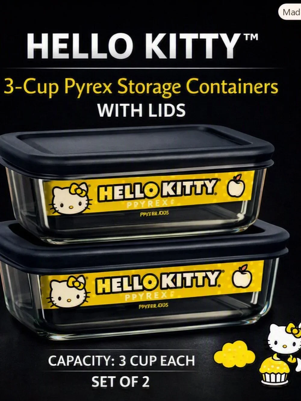 Hello Kitty 3‑Cup Rectangle Pyrex Storage Containers with Lids Set of 2